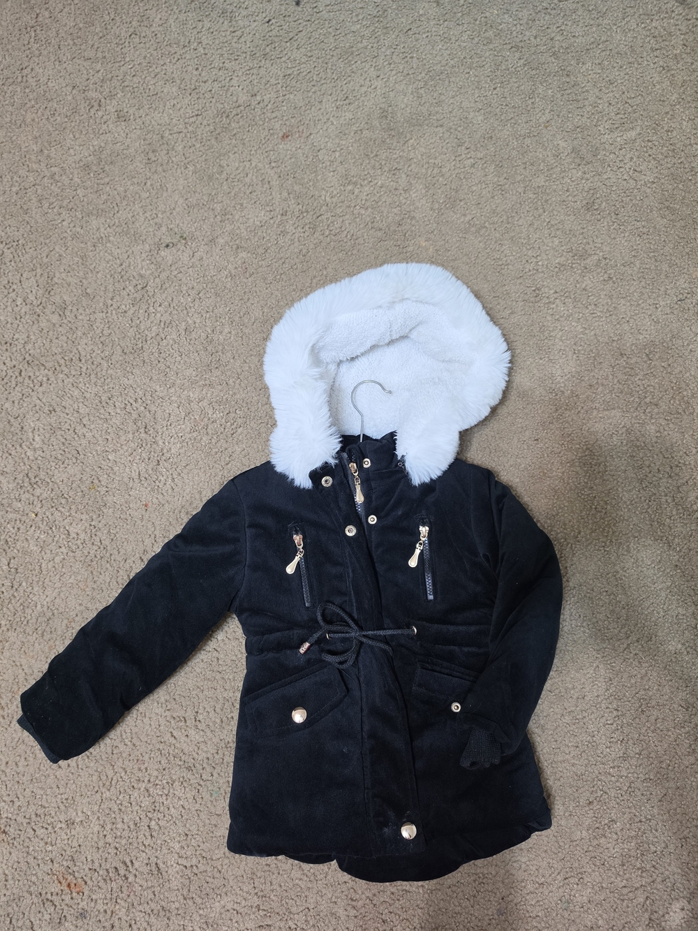 Girls' Black Winter Coat with White Faux Fur Hood